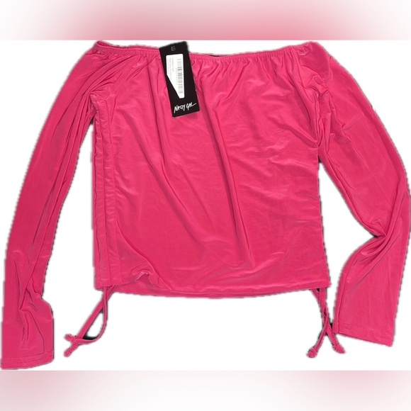 Nasty Gal Slinky Off The Shoulder Crop Top ruched tide side Hot Pink - Picture 2 of 3